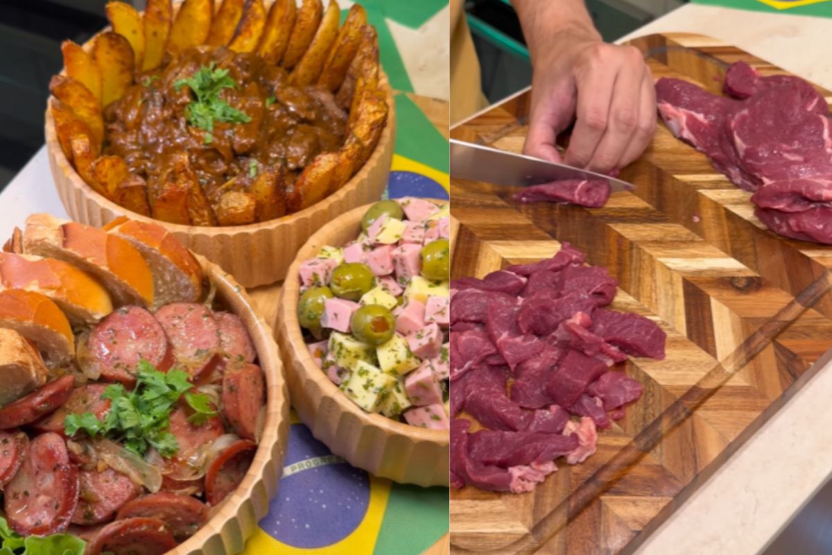 Petiscos para os Jogos da Copa reúnem carne, batatas crocantes, calabresa flambada e vinagrete de frios em uma tábua prática para compartilhar