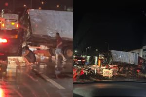 Mulher é filmada furtando cerveja da pista após grave acidente envolvendo caminhão e ônibus em Anápolis