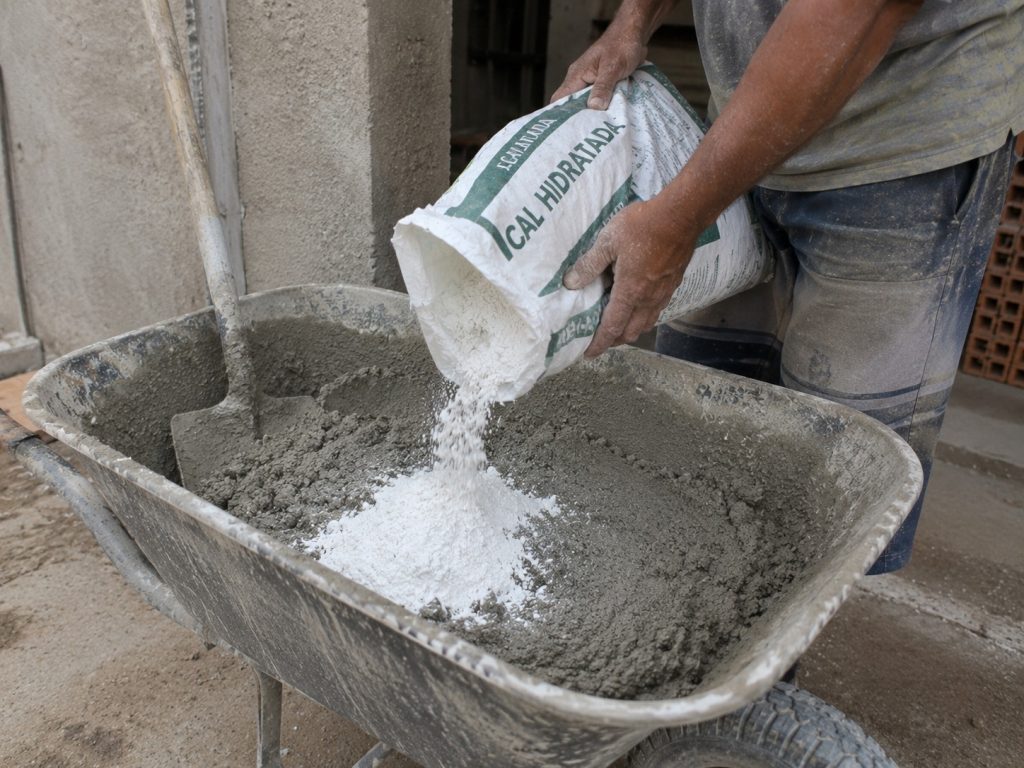 Colocando cal no cimento, dentro de um carrinho de obra