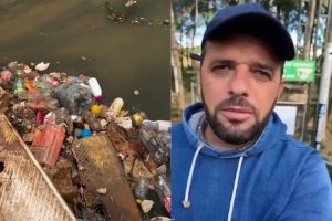 Diego Saldanha prometeu aos filhos limpar o rio da infância e já retirou mais de 40 toneladas de lixo com uma ecobarreira. (Foto: Captura de tela/Instagram/@ecobarreiradiegosaldanha)