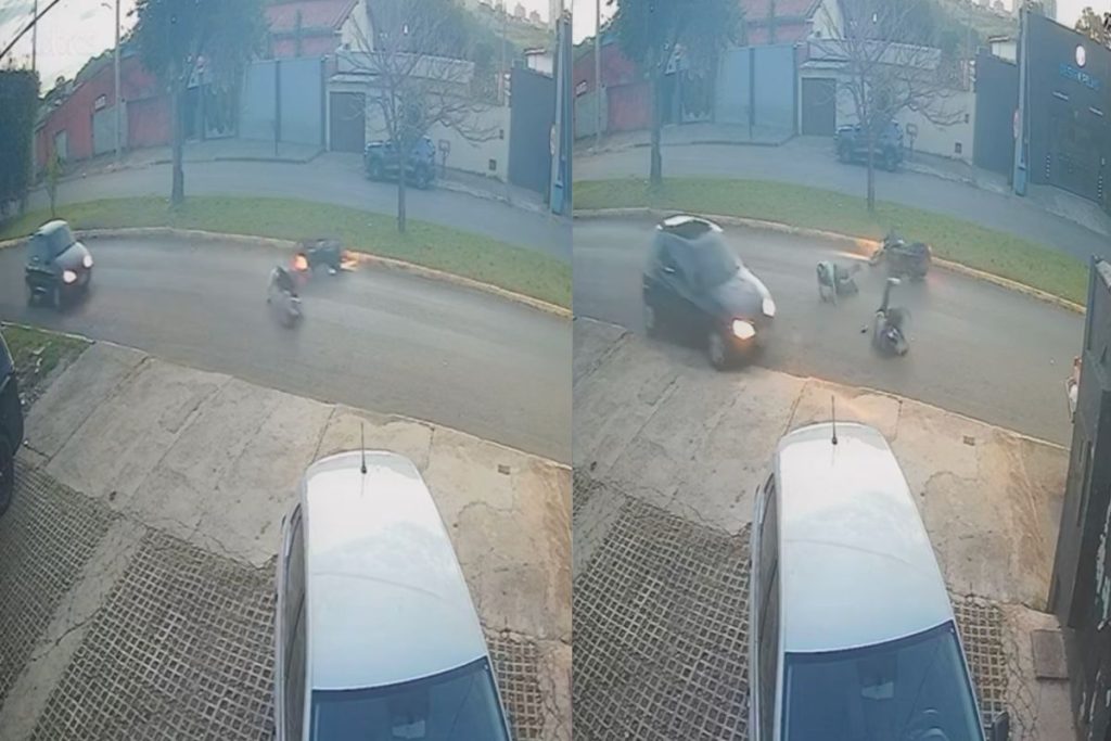 Ocupantes ficaram feridos após motocicleta se enroscar no fio solto. (Foto: Reprodução)