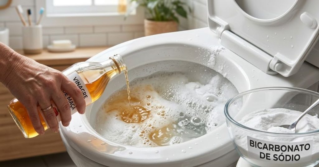Colocar bicarbonato de sódio e vinagre de maçã no vaso sanitário é um truque caseiro que auxilia na limpeza e na eliminação de maus odores