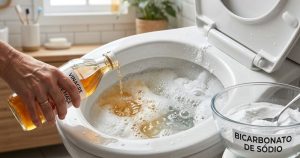 Colocar bicarbonato de sódio e vinagre de maçã no vaso sanitário é um truque caseiro que auxilia na limpeza e na eliminação de maus odores