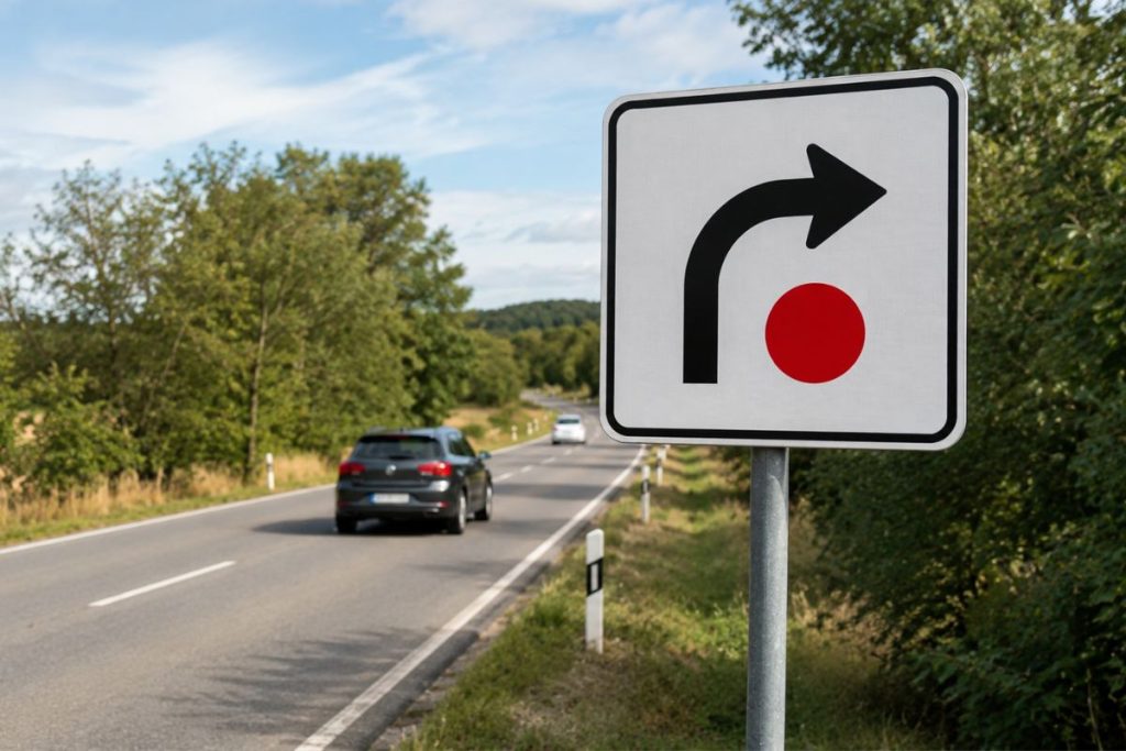 Entenda o que significa a placa de trânsito com seta para a direita e ponto vermelho sobre fundo branco e quando ela deve ser seguida. (Foto: Portal 6)