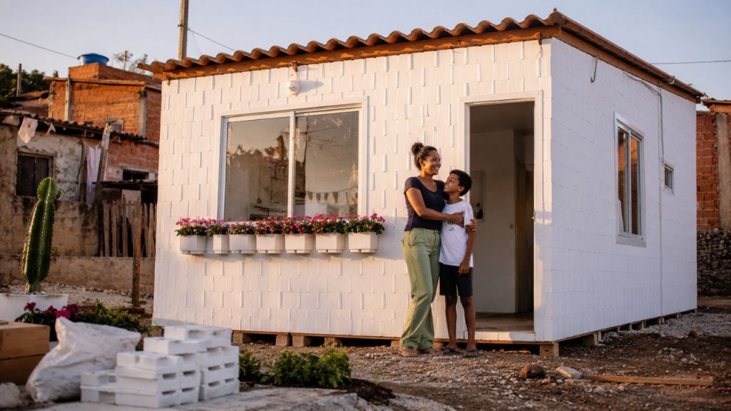Mãe de 9 filhos e avó de 12 netos recebe casa de 27 m² do governo feita de plástico reciclado e erguida em 15 horas com blocos que encaixam como Lego