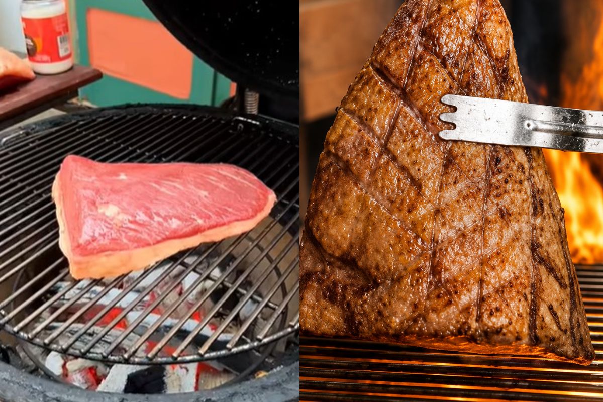 A picanha vai pra grelha com a gordura virada pra baixo
