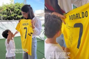 Filho de Marília Mendonça vibra ao ganhar camisa autografada por Cristiano Ronaldo