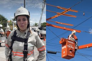 Aos 24 anos, jovem brasileira começou fazendo leitura na energia em 2022 e hoje virou a primeira mulher do Mato Grosso a reparar fios com energia ligada no alto dos postes