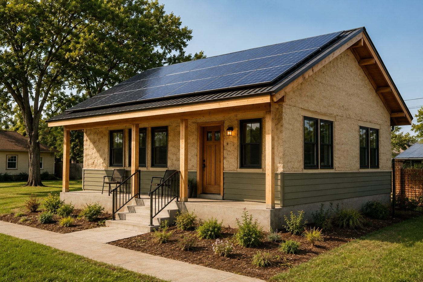 Estudantes ergueram a primeira casa social de plantas, de 80 m², para uma família carente: o piso usa 85% menos concreto e o telhado solar devolve energia à rede