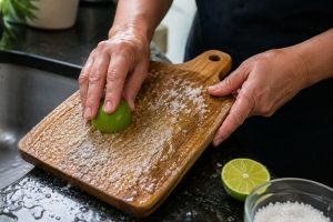 Esfrego a tábua com limão e sal grosso