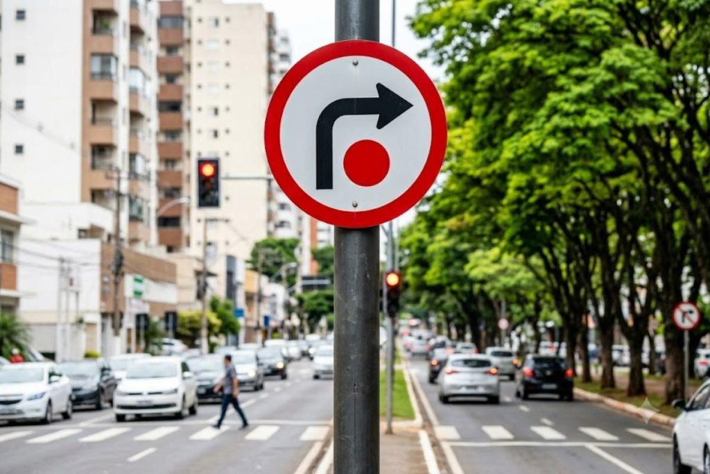 O que significa a placa de trânsito com seta à direita e ponto vermelho, e o que ela proíbe o motorista de fazer