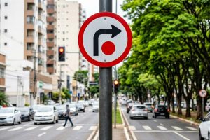 O que significa a placa de trânsito com seta à direita e ponto vermelho, e o que ela proíbe o motorista de fazer