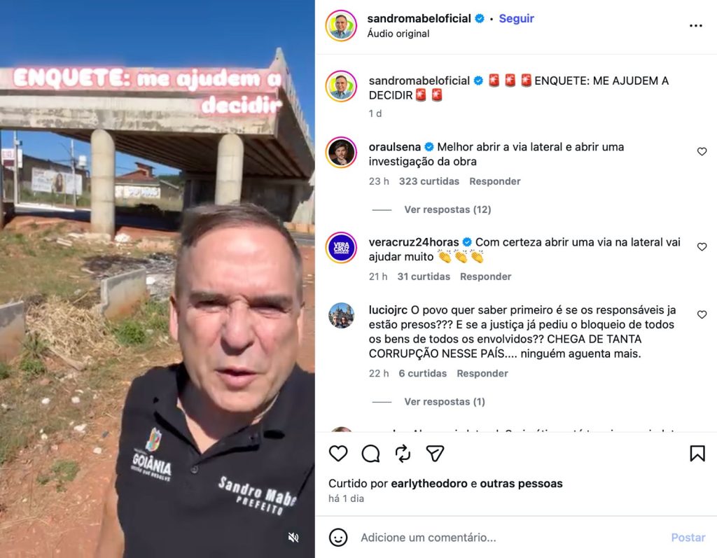 Prefeito Sandro Mabel utilizou as redes sociais para pedir a opinião dos moradores sobre o futuro do viaduto da Leste-Oeste. (Foto: Reprodução/Instagram)