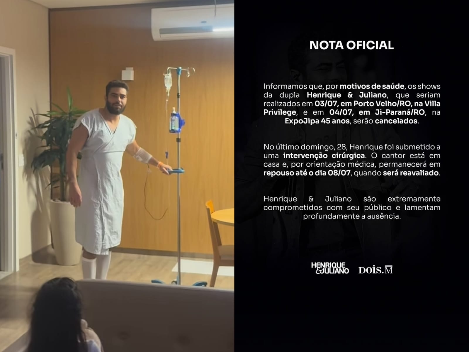 Henrique, da dupla com Juliano, é operado às pressas em Goiânia e shows são cancelados