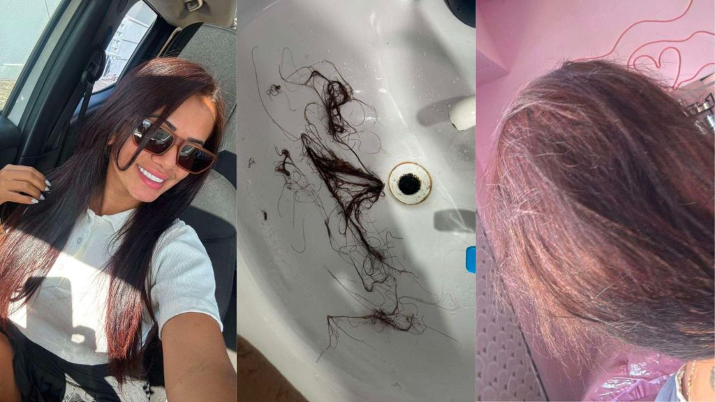 Antes e depois do cabelo da influenciadora Maraiza Alves, após experiência ruim em salão de beleza de Anápolis.