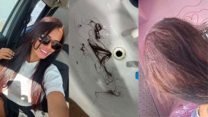 Antes e depois do cabelo da influenciadora Maraiza Alves, após experiência ruim em salão de beleza de Anápolis.