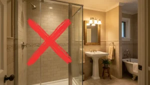 Banheiro pequeno com box dobrável moderno, mostrando solução para economizar espaço no ambiente