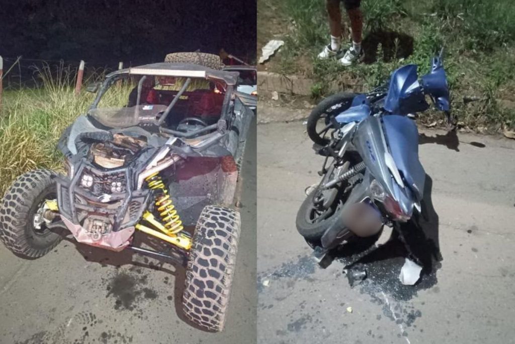 Honda Biz conduzida por Marcileide Mendes de Lima e o UTV (quadriciclo) envolvido na colisão que terminou com a morte da motociclista. (Foto: Divulgação)