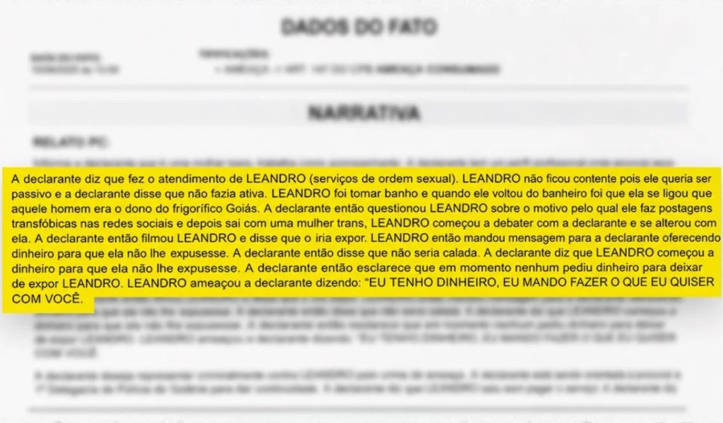 Boletim de ocorrência reproduzido pelo Metrópoles. (Imagem: Reprodução/Metrópoles)