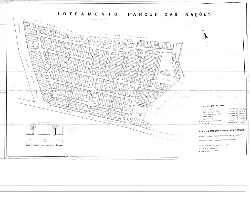 Documento histórico de 1980 revela o planejamento original do Parque das Nações. (Imagem: Mapoteca/Prefeitura de Anápolis)