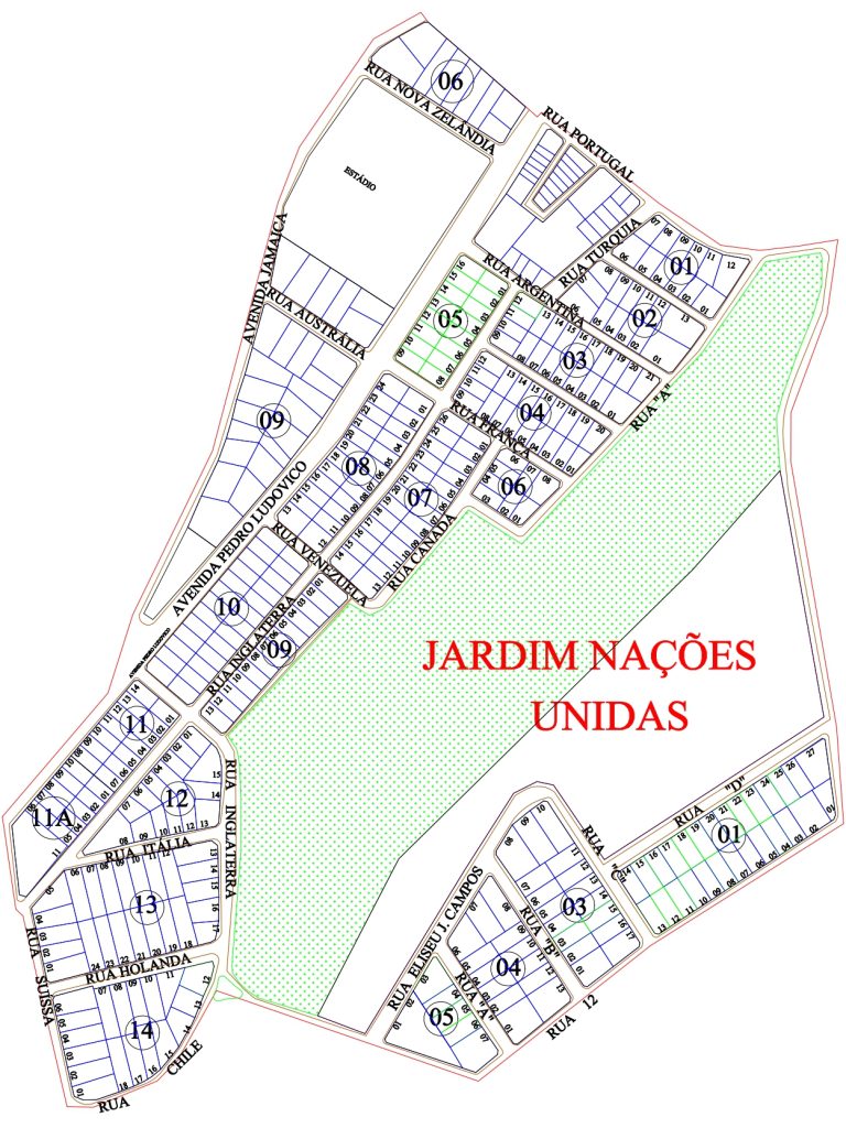 Assim como o Parque das Nações, o Jardim das Nações nasceu com uma proposta urbanística temática, homenageando países na nomenclatura das vias. (Imagem: Mapoteca/Prefeitura de Anápolis)