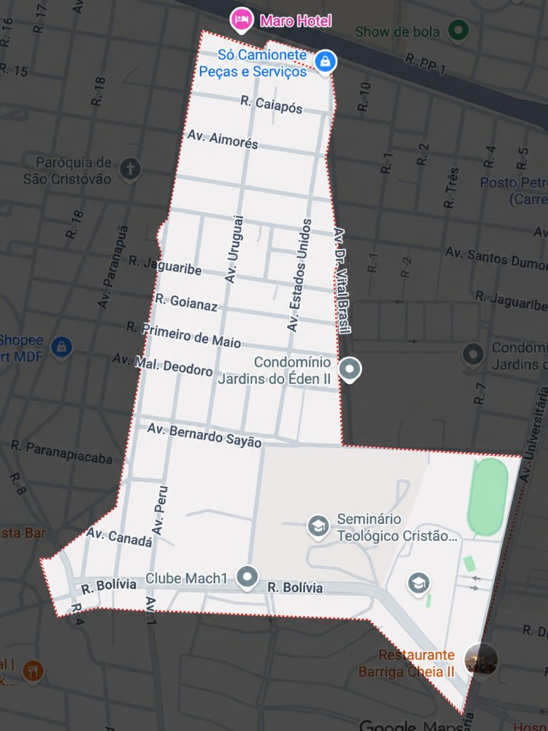 Mapa atual permite identificar a permanência da temática internacional nas ruas do Jardim das Américas, décadas após a criação do bairro. (Imagem: Google Maps)