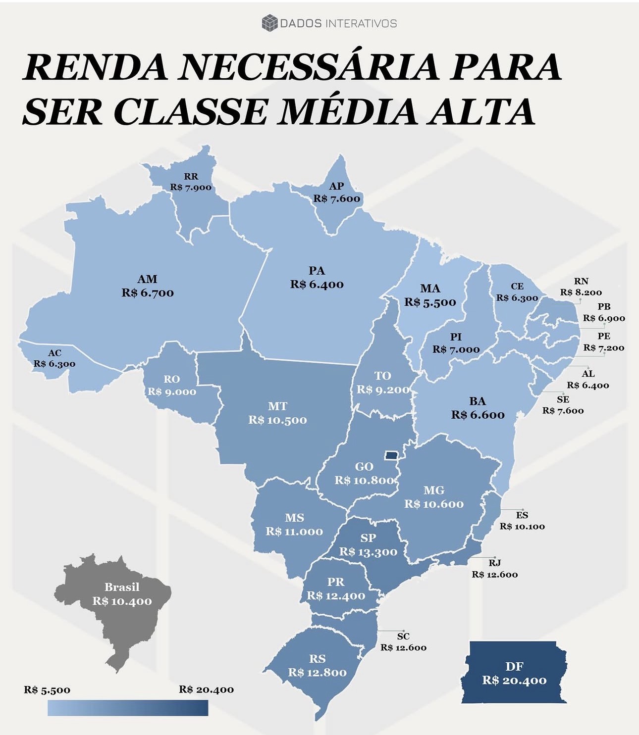 Quadro mostra renda necessária para ser considerado de classe média alta em cada estado do país. (Imagem: Captura de Tela)