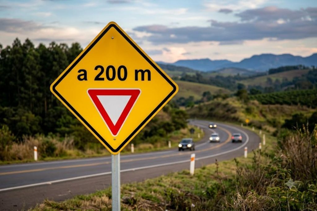 O que significa a placa de trânsito com um triângulo vermelho sobre fundo amarelo e um número dentro?