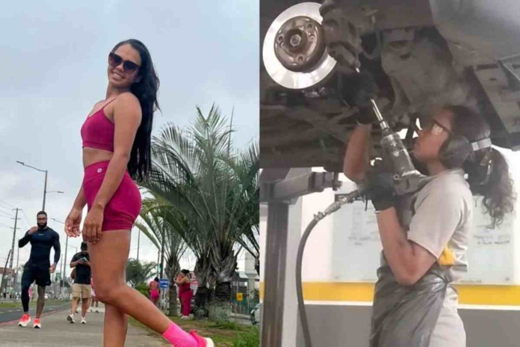 Aos 27 anos, Cíntia poderia ter seguido carreira de modelo, mas escolheu ser mecânica e surpreendeu o atendente de autopeças ao dizer que consertaria o próprio carro