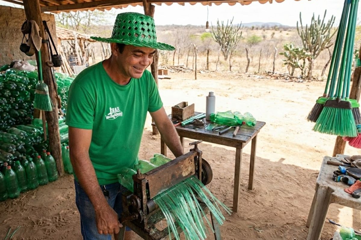 Ex-alcoólatra vira gari, cria uma máquina que transforma garrafas PET em fios e vassouras e hoje fatura cerca de R$ 7,5 mil por mês