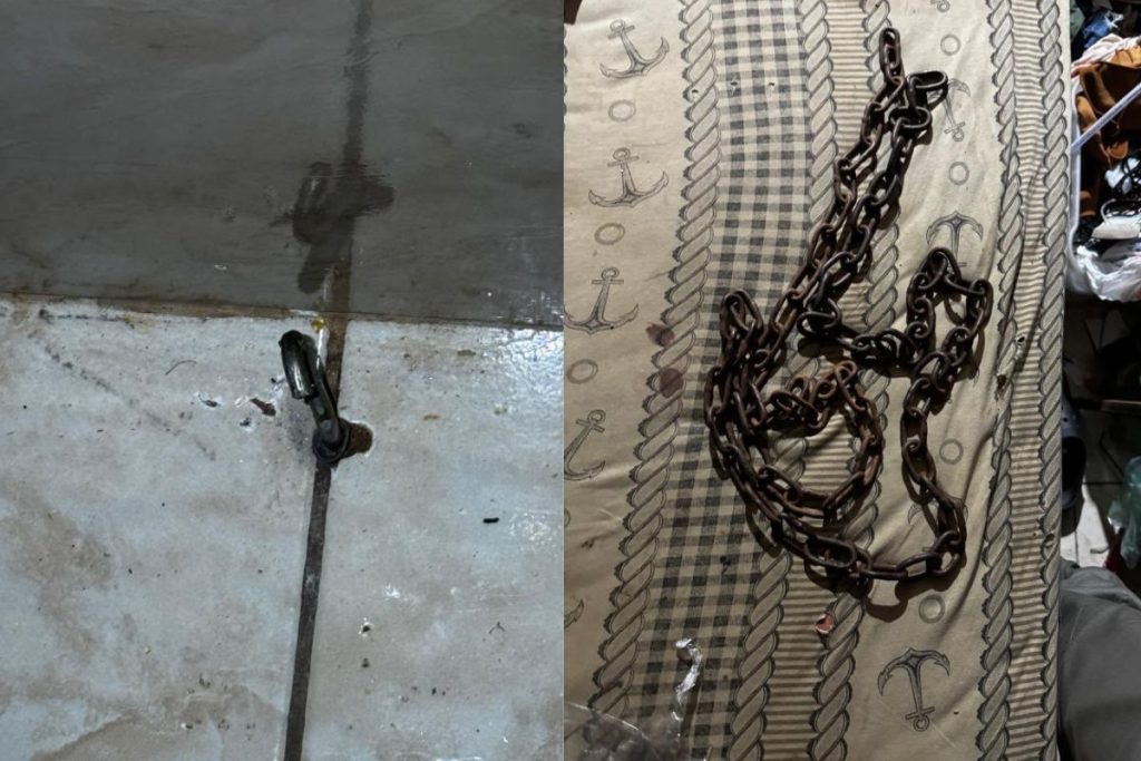 Segundo relatos que moradores da região, criança era frequentemente acorrentada a um sofá para impedir sua locomoção. (Foto: Reprodução/DPCA)