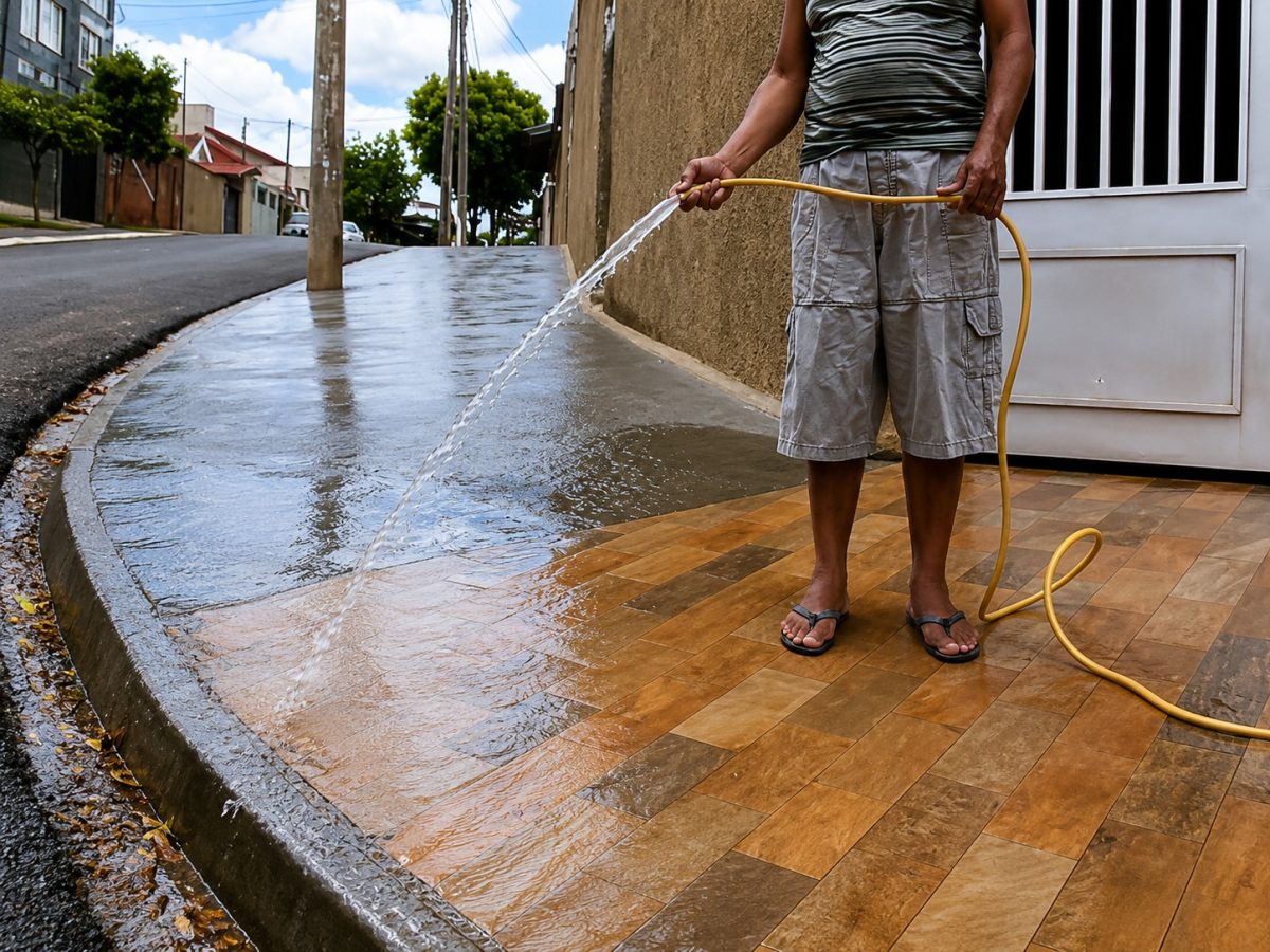 Morador usa mangueira como “vassoura hidráulica” por duas horas para limpar a calçada e acaba recebendo multa de R$ 500 por desperdício de água