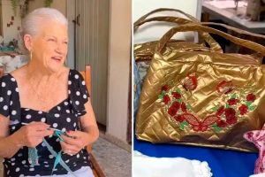 Aos 75 anos, idosa separa sacolas plásticas por cor, junta até 80 unidades para fabricar uma única bolsa e transforma o restante em toalhas e almofadas, no interior de São Paulo