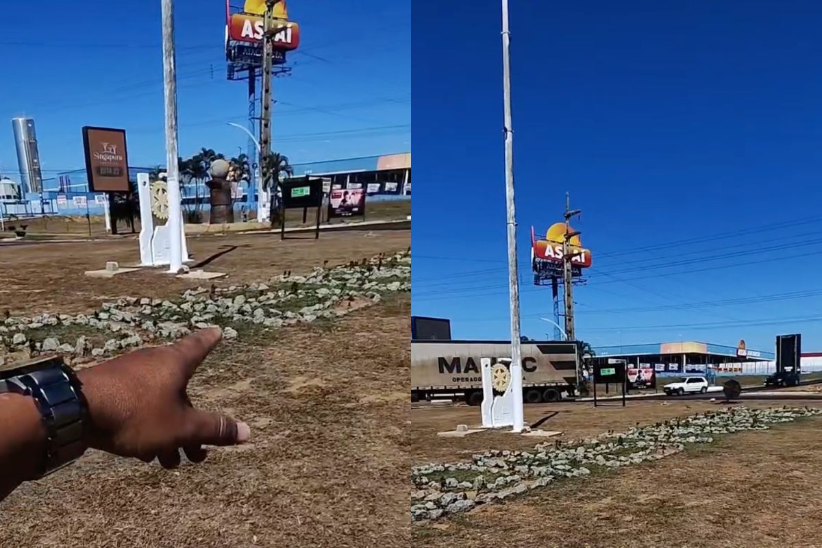 Morador criticou a nova estrutura instalada na entrada de Caldas Novas e vídeo viralizou nas redes sociais. (Foto: Reprodução/@eltongruporochaimoveis)