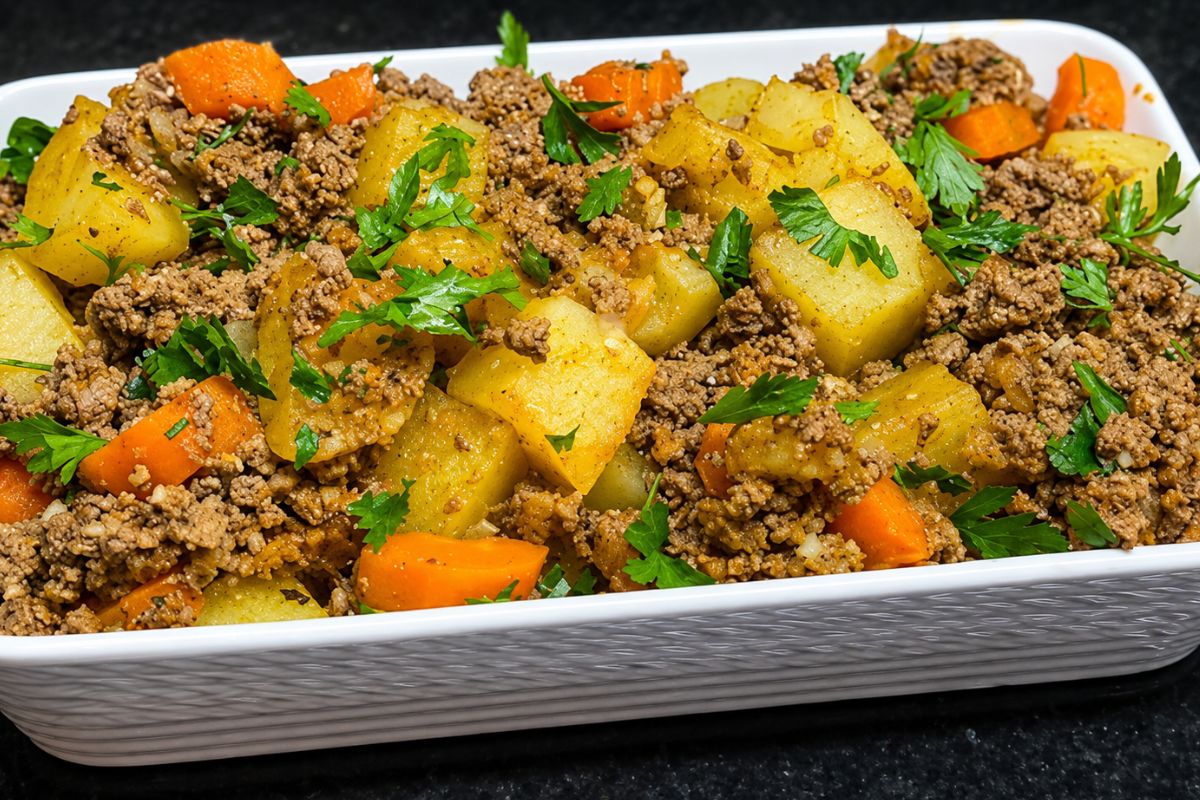 carne moída com batata-doce e cenoura