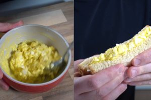 O Tamago Sando combina ovos cozidos, maionese e mostarda para criar um recheio extremamente cremoso e cheio de sabor