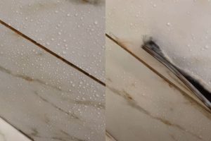 O Limo do rejunte pode ser removido com um limpador à base de cloro e uma escova própria para alcançar as frestas