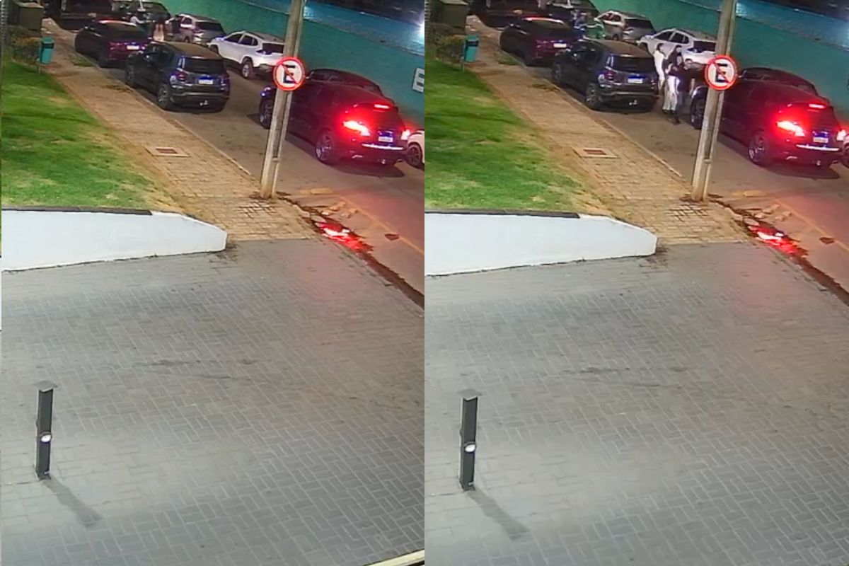 Imagens de uma câmera de segurança registraram o momento em que o coletor de lixo é agredido durante a coleta domiciliar no Setor Bueno, em Goiânia. (Foto: Reprodução)