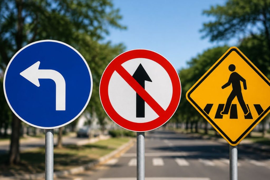 diferença entre placas de trânsito azuis vermelhas e amarelas