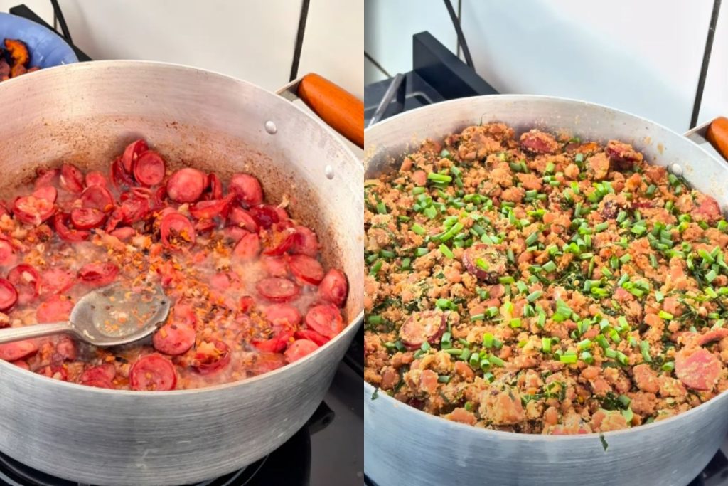 O feijão tropeiro ganha um toque especial com bacon, calabresa, couve e banana-da-terra frita