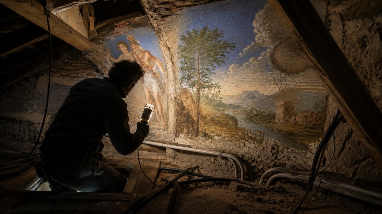 Eletricista entra por um alçapão durante manutenção na Villa Farnesina, em Roma, acende uma lâmpada e encontra pinturas do século XVII escondidos acima de um teto falso, com querubins, paisagens e o brasão preservados desde reformas do século XIX