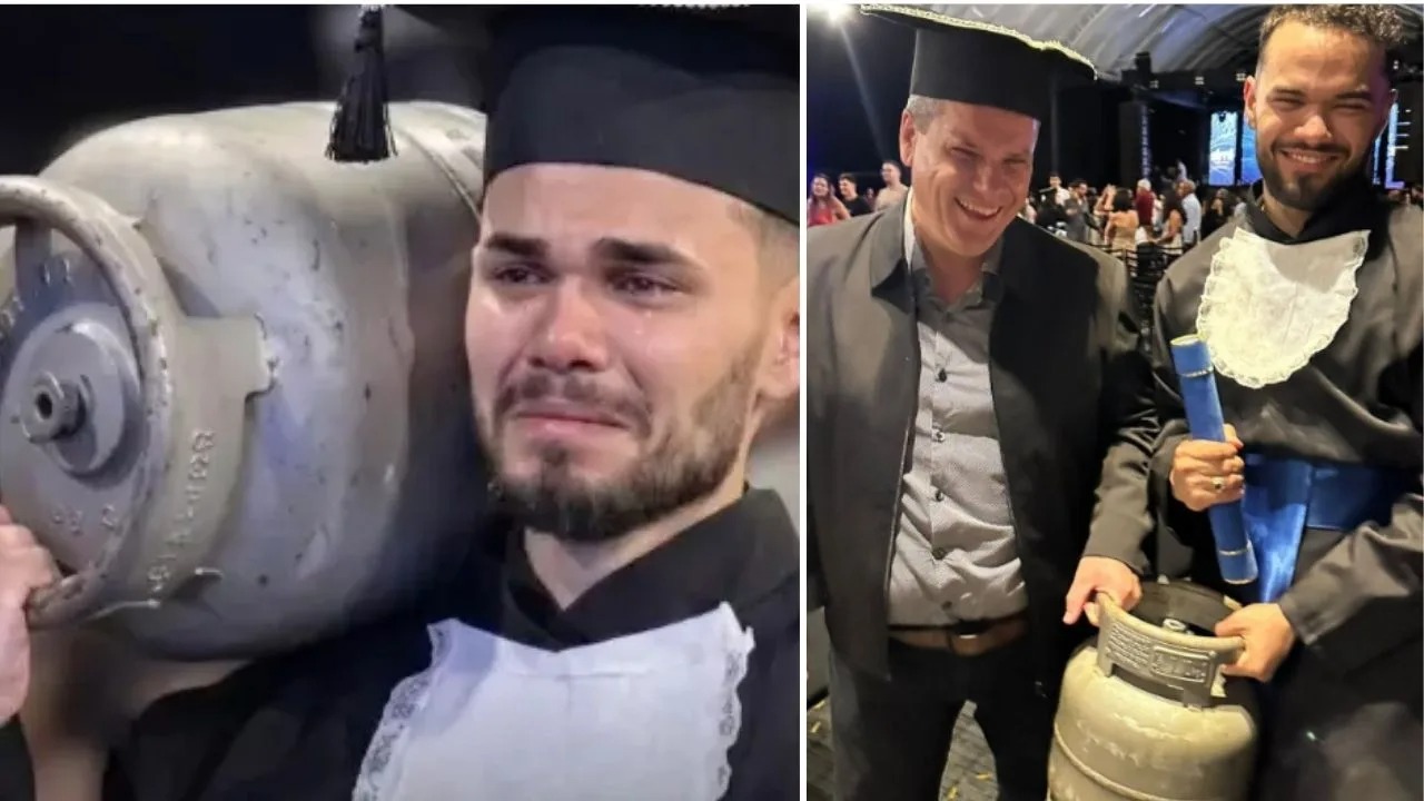 Aos 22 anos, formando atravessa o palco com um botijão de gás nos ombros para homenagear os 26 anos em que o pai entregou gás para pagar seus estudos