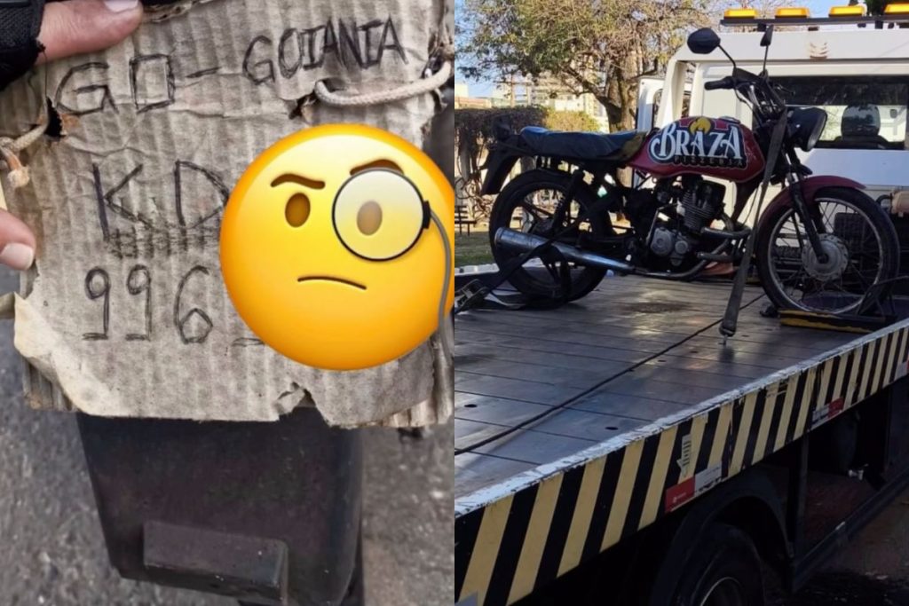 Além da placa improvisada em papelão, os agentes constataram outras irregularidades administrativas, o que levou à remoção da motocicleta para o pátio da Secretaria após fiscalização. (Foto: Instagram/@agt.goiania)