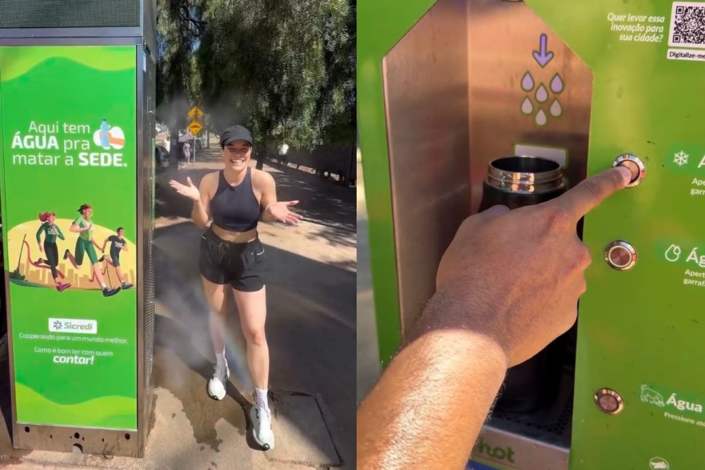 Casal destacou nas redes sociais os totens de hidratação gratuitos instalados em Anápolis, que oferecem água gelada, espaço para pets e sistema de borrifação para aliviar o calor. (Foto: Reprodução/@vivendoemgoias)