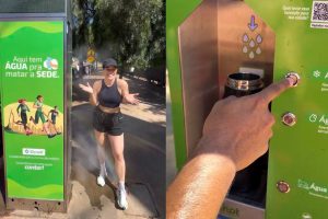 Casal destacou nas redes sociais os totens de hidratação gratuitos instalados em Anápolis, que oferecem água gelada, espaço para pets e sistema de borrifação para aliviar o calor. (Foto: Reprodução/@vivendoemgoias)