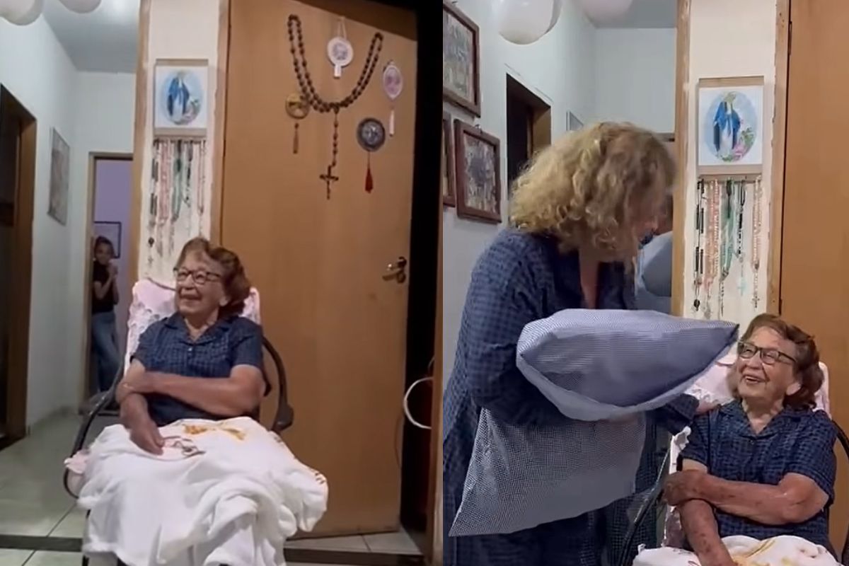 Filhos fazem surpresa e passam a noite com mãe, de 92 anos, em Anápolis