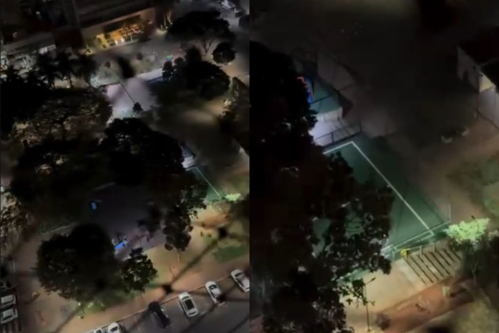 Morador registra crianças brincando tarde da noite em praça de Goiânia