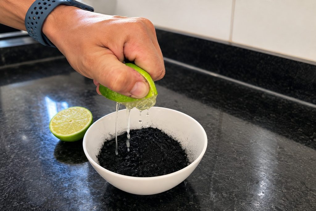 carvão triturado, pasta de dente e limão