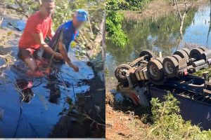 Bombeiro quebra para-brisa com pedra e salva motorista preso em caminhão submerso na BR-060