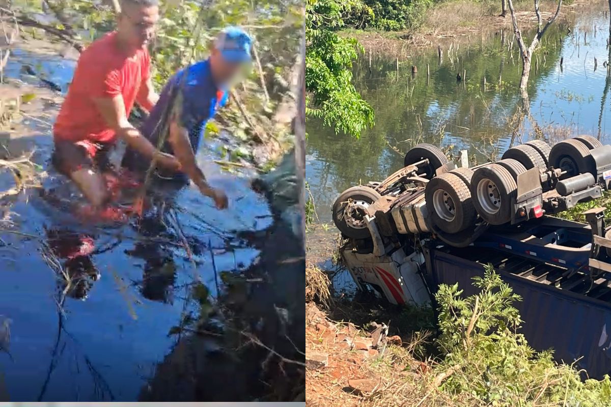 Bombeiro quebra para-brisa com pedra e salva motorista preso em caminhão submerso na BR-060